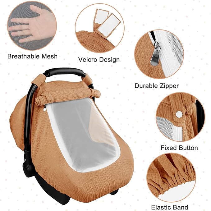 Hooyax Muslin Car Seat Covers for Babies, Summer Baby Car Seat Cover for Boys Girls with Breathable Window, Lightweight Infant Car Seat Canopy, Brown