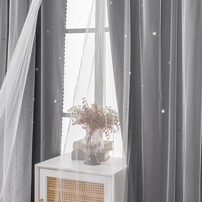 Light Gray Curtains for Kids Bedroom Nursery Decor Star Cutout Double Layer Light Blocking Blackout Curtains for Living Room Kids Room Grommet Top Curtain 2 Panels 34 x 63 inch