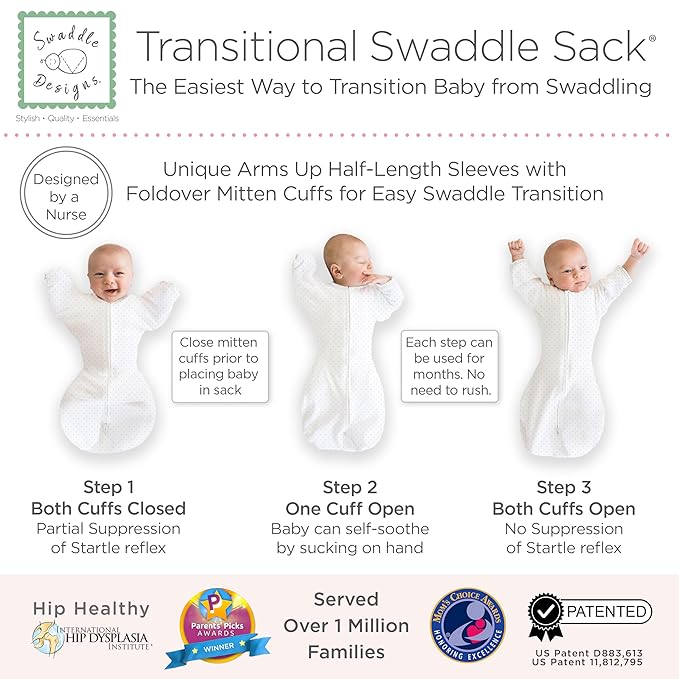 SwaddleDesigns Transitional Swaddle Sack, Arms Up Half-Length Sleeves & Mitten Cuffs, Swaddle for Newborn Transition to Baby Sleep Sack Wearable Blanket, Medium, 3-6 Month, 14-21 lb, Sterling Dots
