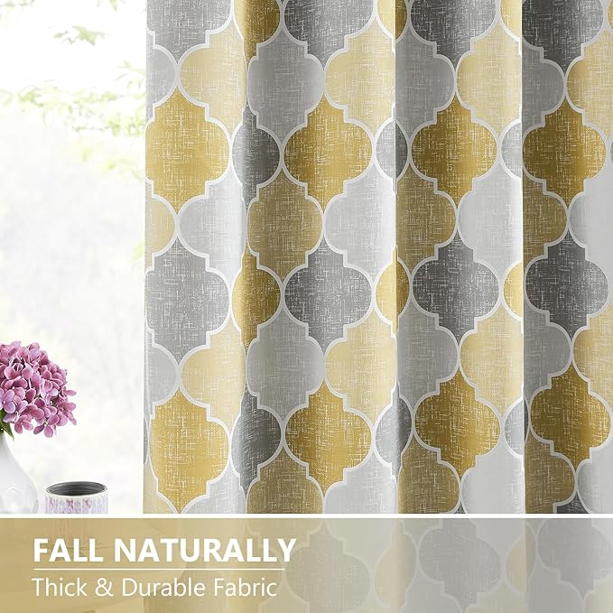 Full Blackout Curtains 63 Inches Long 2 Panels Gray Yellow Moroccan Geo Lattice Drapes Room Darkening Thermal Insulated Noise Reducing Grommet Top Window Treatments Sets for Bedroom, 52" W