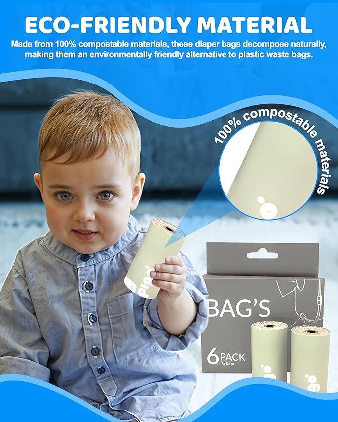 Keepigo, Compostable Disposable Diaper Bags Refills | 6 Rolls, 72 Leak-Proof, XL Biodegradable Baby Poop Bags | Eco-Friendly Diaper Trash Bags for Home, Travel, Pet Waste | Odor-Free,