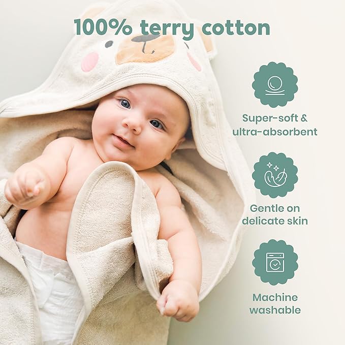 CuddleBug Premium Hooded Baby Bath Towel & Washcloth Set (Bear) - 100% Cotton Terrycloth Hooded Baby Towels for Newborn & Toddler, Super-Soft & Absorbent, Newborn Essentials (30" x 30") - Honey Beige
