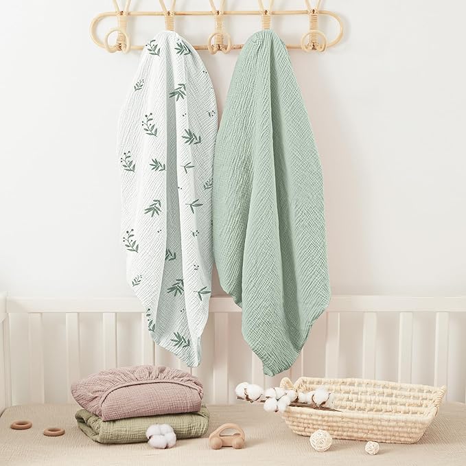 Bearmoss Muslin Crib Sheets - 100% Cotton Baby Crib Sheets Fitted for Standard Crib Mattress & Toddler Bed Mattress 52"x28" Soft Breathable Crib Sheet Neutral for Boys Girls - 2 Pack (Bamboo)
