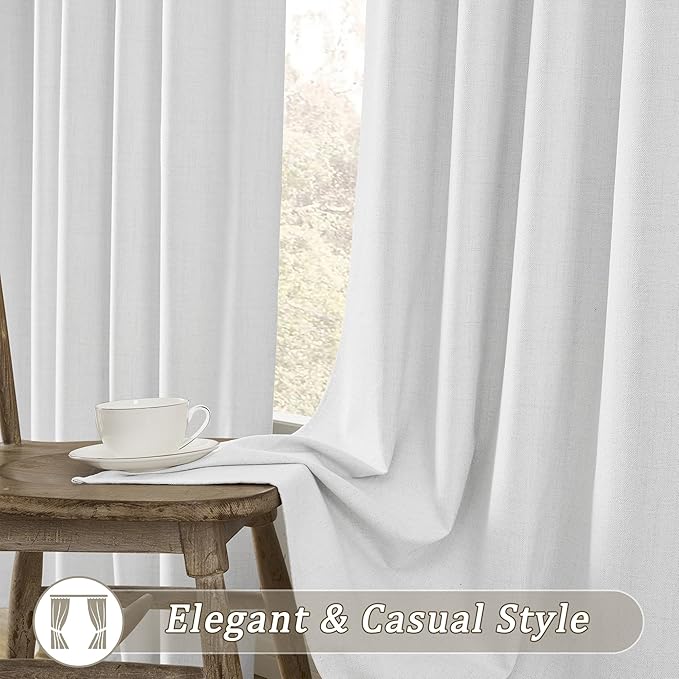 RAIN CITY Snow White Blackout Curtains 94 Inch Long Room Darkening Back Tab Linen Drapery Hook Curtains Patio Door 2 Panels 50 Wide 94 Length