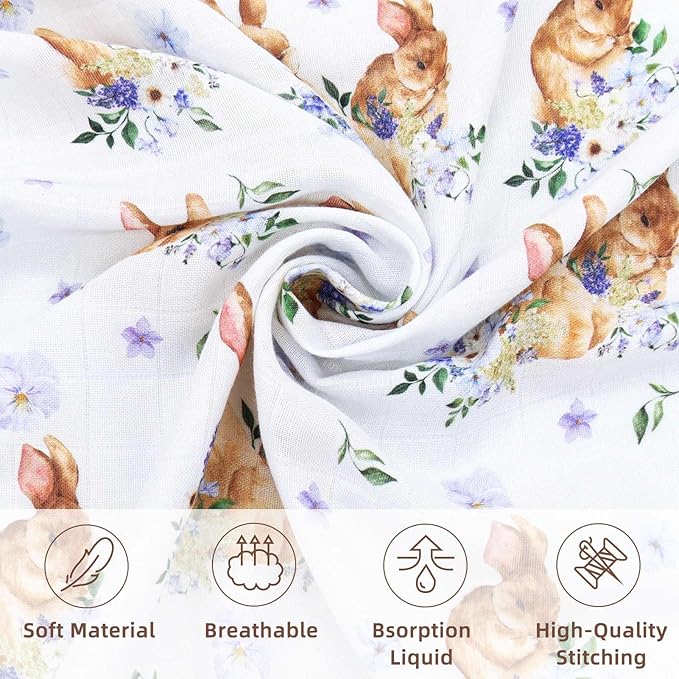LifeTree Baby Swaddle Blankets, Muslin Swaddle Blankets Boys Girls Swaddling Wrap Receiving Blanket, 70% Viscose from Bamboo and 30% Cotton, Large 47" x 47", Floral and Rabbit Pattern