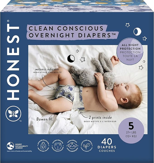 The Honest Company Comfort Dry Disposable Overnight Diapers for Sensitive Skin, Hypoallergenic, Baby Cozy Cloud and Star Signs Design Club Box Size 5 (27 lbs) 40 Count