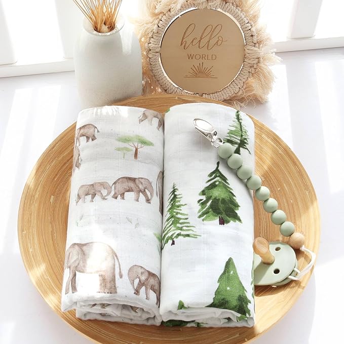 LifeTree Baby Swaddle Blankets, Boys Girls Muslin Swaddling Wrap Receiving Blanket for Newborn, 70% Viscose from Bamboo and 30% Cotton, Large 47" x 47", Elephant and Tree Pattern