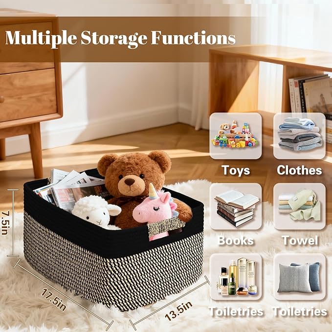 3 Pack Large Storage Basket for Organizing, 17.5"x13.5"x7.5" Woven Basket for Shelves, Closet Cube Storage Bins with Wrapped Handle, Cotton Rope Baskets for Kitchen, Clothes, Toys(Black & Brown)