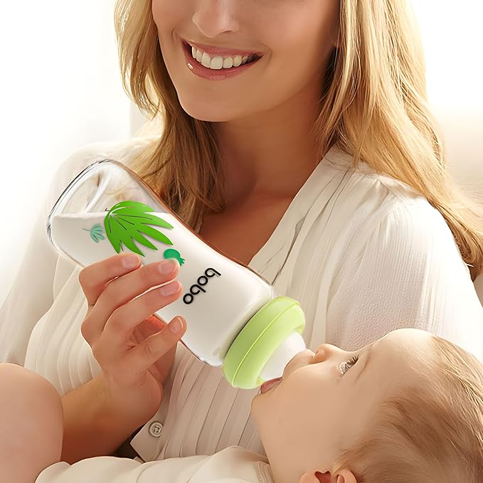 YOHKOH Natural Glass Baby Bottle with Level 2 Medium Flow Nipple, Newborn Anti-Colic Baby Bottles, Wide Neck Mushroom Baby Glass Bottle (Green, (8.8oz (Pack of 2))