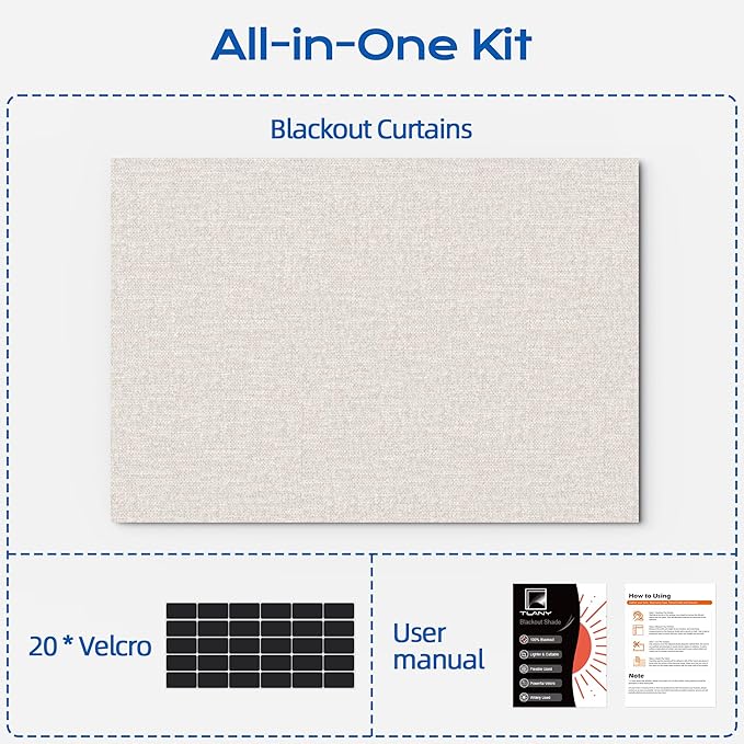 Linen Blackout Curtains for Bedroom, 70" x 58" Portable Black Out Blinds with 20 Sets Hooks & Loops Strips for 100% Blackout Window Film, Temporary Black-out Shades for Windows Cover Travel RV- Cream