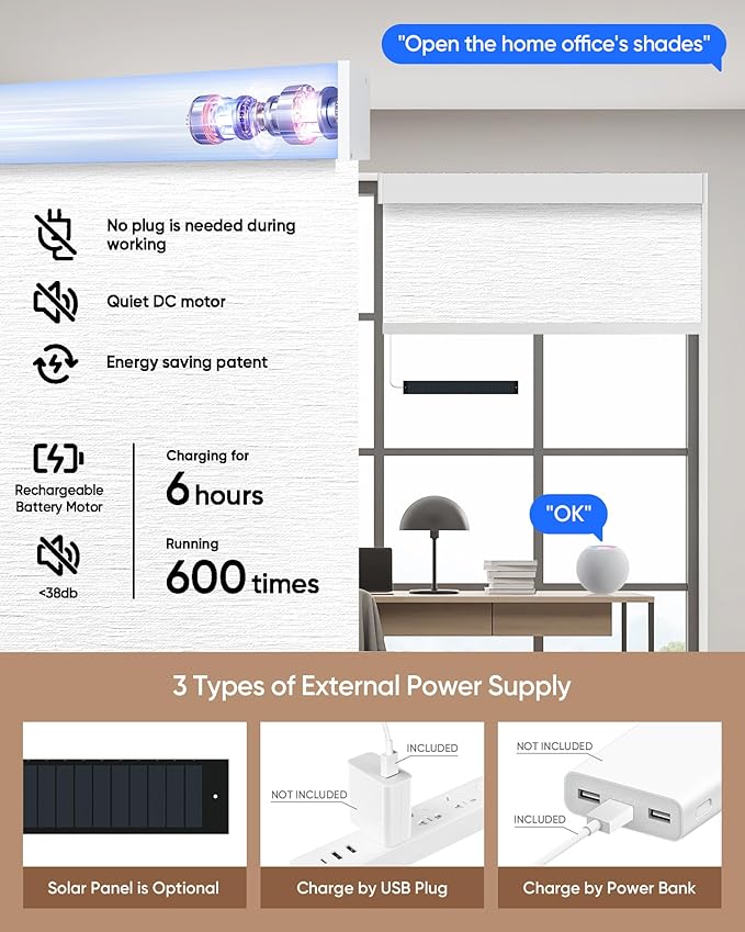 Kincmo Motorized Blinds with Remote,100% Blackout Motorized Roller Shades Work with Apple Homekit,Alexa,Google, Custom Electric Blinds with App,Voice Control (Atlantic White)