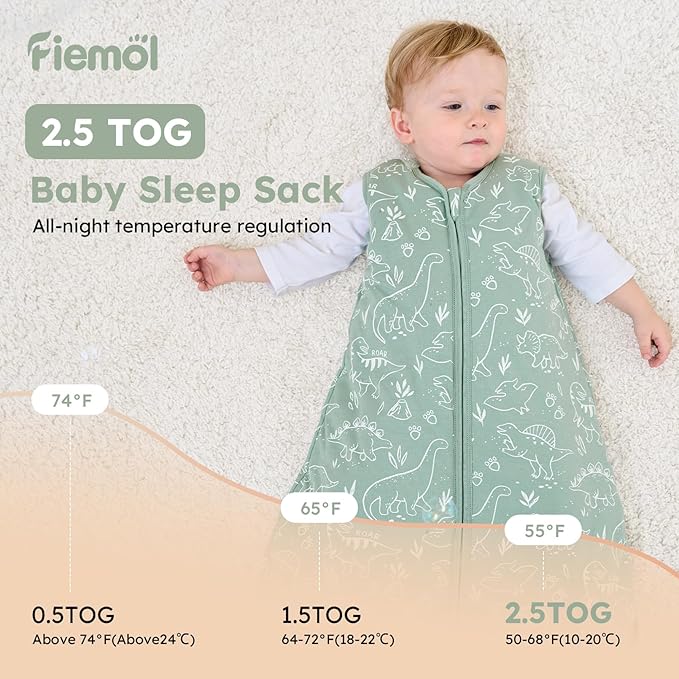 FIEMOL Baby Sleep Sack 12-18 Months, 2.5 TOG Cotton Winter Baby Wearable Blanket with 2-Way Zipper, Warm Soft Sleeping Bag for Toddler Boy Girl, Large Dinosaur
