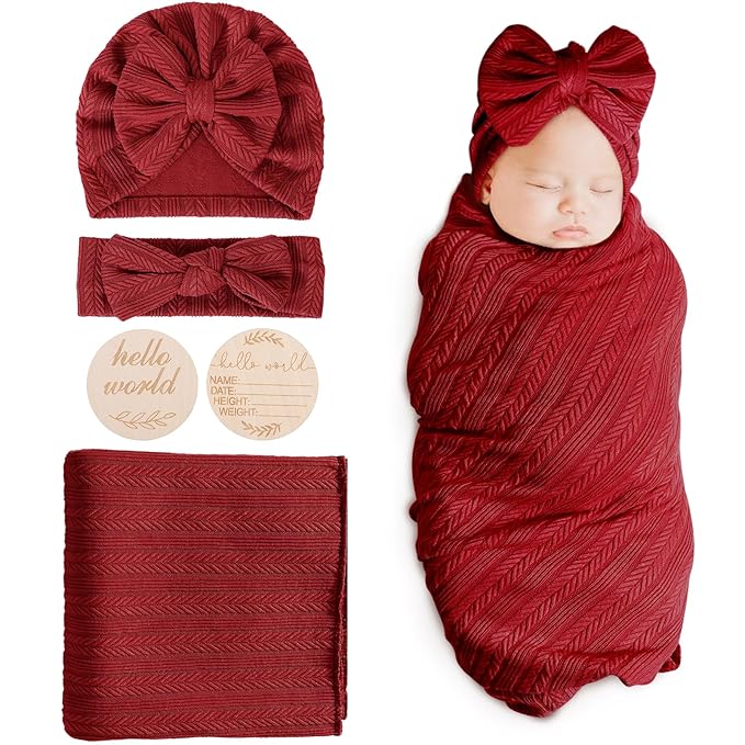 DRESHOW BQUBO Baby Swaddle Blankets for Girls, 4PCS Newborn Accessories Set with Matching Hat and Bow Headband with Hello World Wooden Birth Announcement Card