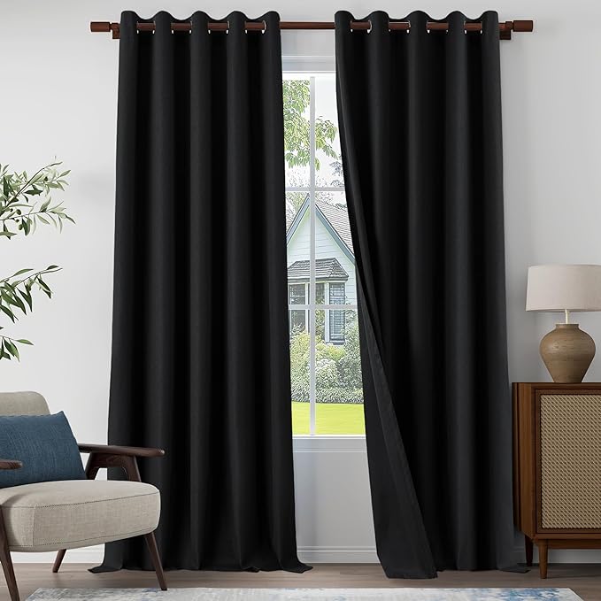 100% Blackout Linen Textured Curtains 108 Inch Length 2 Panels Set for Living Room, Bedroom, Light Weight Curtains with Grommets Top, Full Blackout Curtains Privacy Protection, Black, 66" W x 108" L
