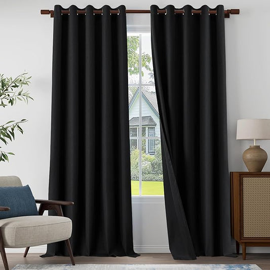 100% Blackout Linen Textured Curtains 108 Inch Length 2 Panels Set for Living Room, Bedroom, Light Weight Curtains with Grommets Top, Full Blackout Curtains Privacy Protection, Black, 66" W x 108" L