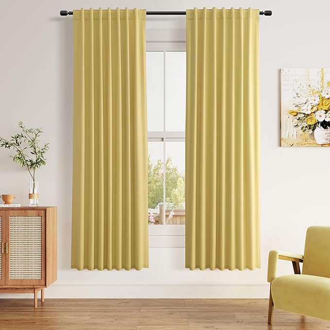 Guken Yellow 100% Blackout Curtains 72 Inch Length 2 Panels Set for Living Room Bedroom Back Tab Thermal Insulated Black Out Linen Drapes Room Darkening Window Curtains 72 Inches Long
