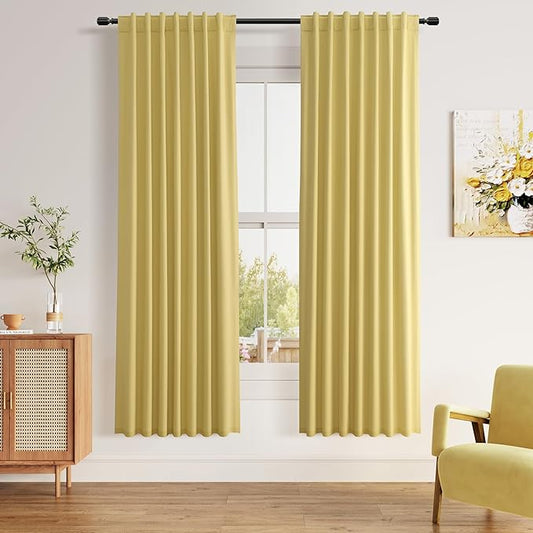 Guken Yellow 100% Blackout Curtains 72 Inch Length 2 Panels Set for Living Room Bedroom Back Tab Thermal Insulated Black Out Linen Drapes Room Darkening Window Curtains 72 Inches Long
