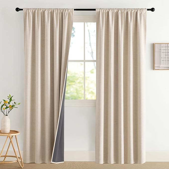 NICETOWN Cream Linen 100% Blackout Curtains, 2 Panels Set, 42 x 84 Inches, Rod Pocket Style, Thermal Insulated Room Darkening Drapes for Bedroom, Living Room, Nursery, Modern Farmhouse Decor