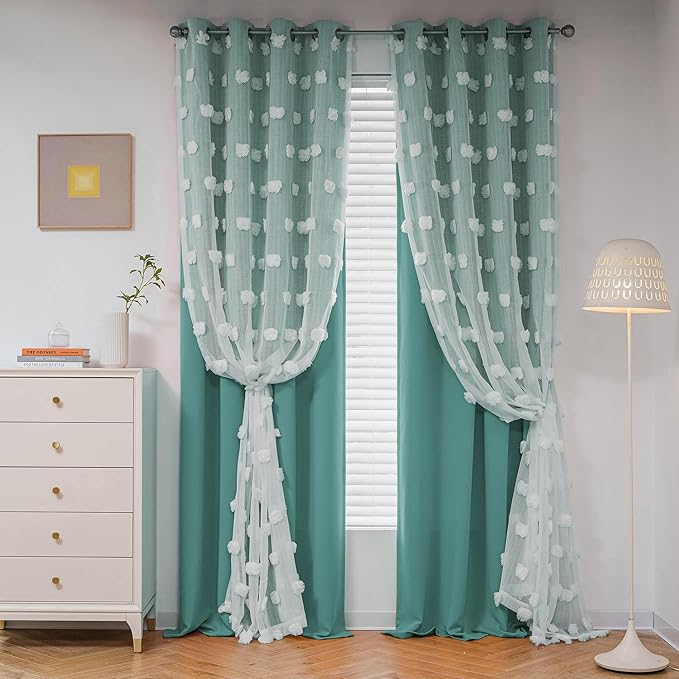 MYSKY HOME Kids Curtains for Boys Bedroom Room Darkening Grommet Double Layer Curtains for Son Room Decor 63 Inches Long White Pom Pom Sheer Blackout Curtains 2 Layers Teal 52 x 63 Inch 2 Panels