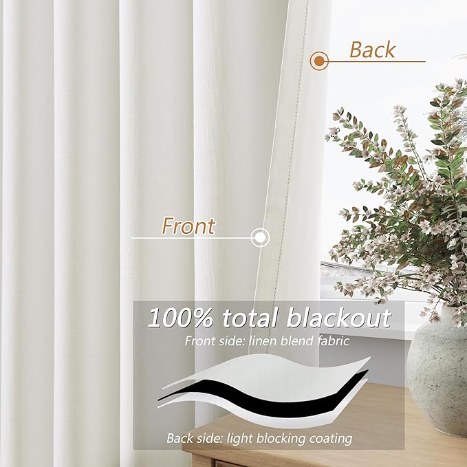 Guken 100% Blackout Linen Curtains 110 Inch Wide by 52 Inch 2 Panels Set for Living Room Bedroom Back Tab Thermal Insulated Black Out Linen Drapes Room Darkening Window Curtains, Ivory