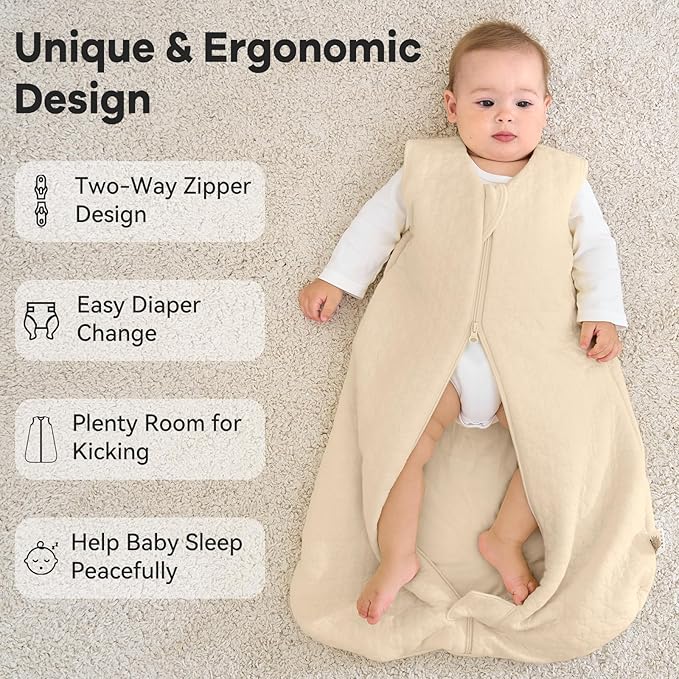 Unnivoll Baby Sleep Sack 6-12 Months TOG 2.5 Winter Baby Wearable Blanket, 100% Cotton Fabric Newborn Infant Sleeping Sack 2-Way Zipper Quilted Baby Sleep Bag, Warm Soft Apricot