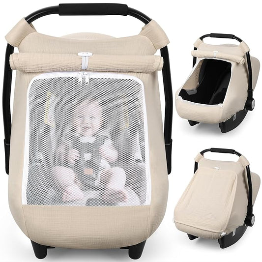 Rquite Car Seat Cover Baby, Carseat Covers Girl Boy, Breathable Muslin Cotton, Large Mesh Window, Infant Car Seat Canopy Baby Carrier Cover Stroller Sun Shade for Summer & Hot Day, Beige