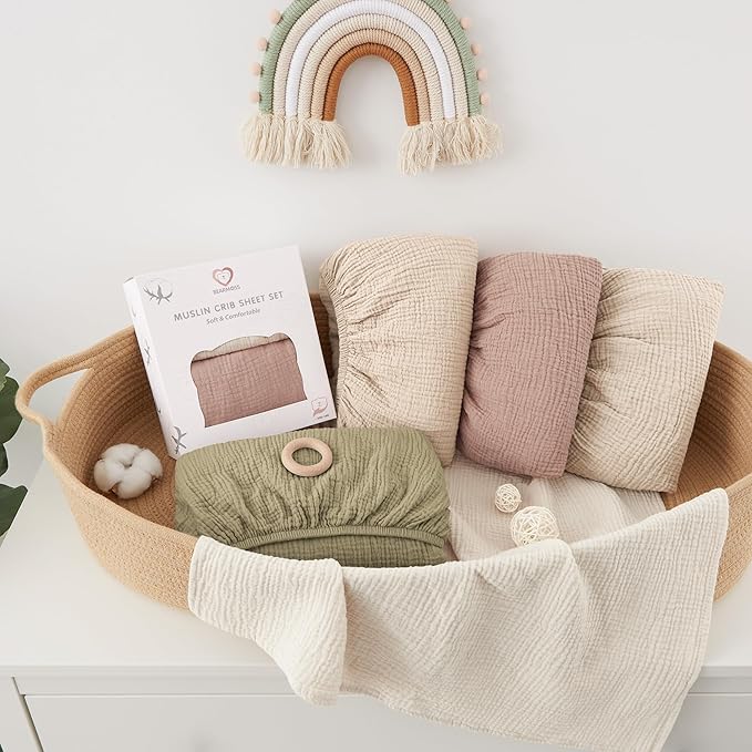 Bearmoss Muslin Crib Sheets 100% Cotton Baby Crib Sheets Fitted for Standard Crib Mattress & Toddler Bed Mattress 52"x28" Soft Breathable Crib Sheet Neutral for Boys Girls - 2 Pack (Oat Latte)
