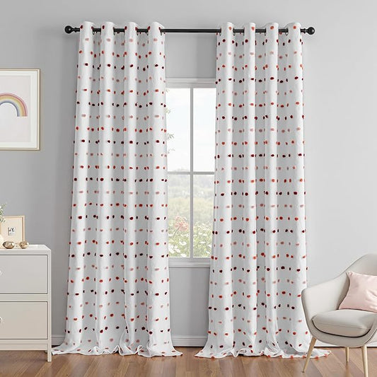 MEETSKY 100% Blackout Curtains for Girls Bedroom 95 Inch Long Light Blocking Thermal Curtains for Living Room 2 Panels Room Darkening Grommet Double Layer Drapes with Red Pom Pom 52W x 95L