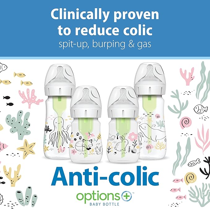 Dr. Brown's Anti-Colic Options + Wide-Neck Baby Bottle Designer Edition, Woodland, 5 oz/150 mL + Ocean, 9oz/270mL, Level 1 Slow Flow Nipple, 0m+, 4-Pack