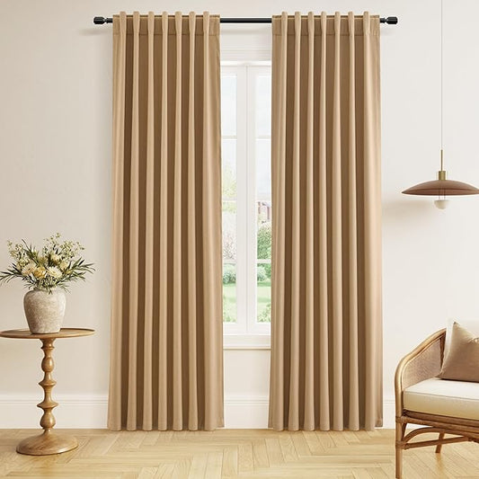 Guken 100% Blackout Linen Curtains 80 Inch Length 2 Panels Set for Living Room Bedroom Back Tab Thermal Insulated Black Out Linen Drapes Room Darkening Window Curtains,Camel Brown