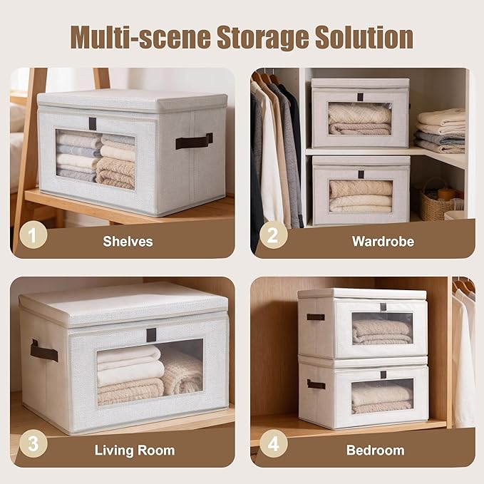 Magnetic Front Opening Fabric Storage Bins with Lids, 35L 2-Pack Beige Storage Box with Window for Closet, Shelf, Nursery, Living Room, 16.9x12.2x11.4in