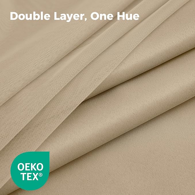 100% Blackout Curtains for Bedroom, Double Layer Khaki Curtains, Black Out Curtain 84 inch Long with Sheer Overlay for Living Room, Room Darkening Window Drapes with Grommet, 52" W x 84" L