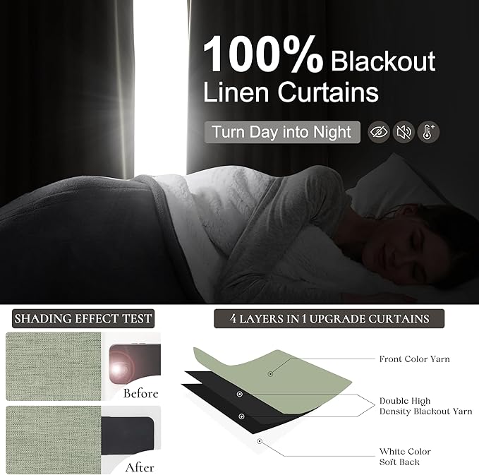 Sage Green Blackout Linen Curtains 102 Inches Long for Living Room Bedroom, Pinch Pleated Boho Light Drapes Viral Window Curtain with Pinch Pleat Clips Thermal Insulated (40"Wx102"Lx2Panels Sage)
