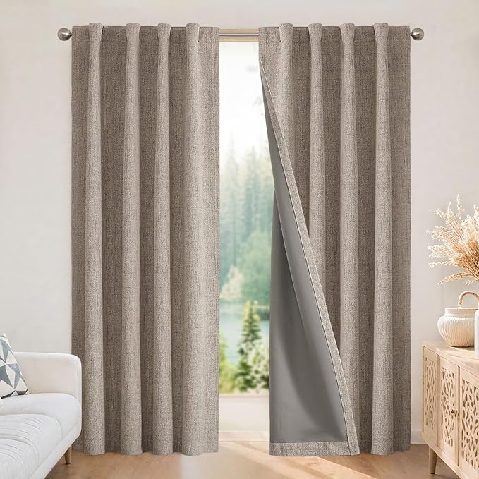 Joydeco Blackout Curtains for Bedroom - 63 Inch Long 100% Light Blocking 2 Panels Set Linen Drapes, Thermal Insulated Room Darkening Curtains, Linen Textured for Living Room, Rod Pocket & Back Tabs