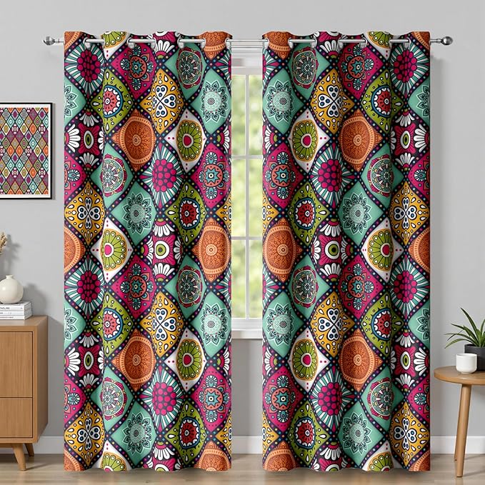 Boho Vintage Abstract Blackout Curtains, Mid Century Vintage Colorful Mandala Geometric Design Window Drapes, Living Room Bedroom Decor 2 Panels 52x84 Inch