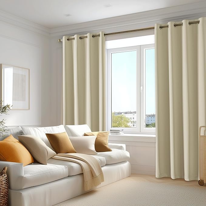 Beauoop 100% Blackout Curtains 63 Inch Long 2 Panels for Bedroom Living Room Beige Solid Room Darkening Thermal Insulated Soundproof Energy Saving Grommet Top Window Treatment Drapes,52x63, 2 Set