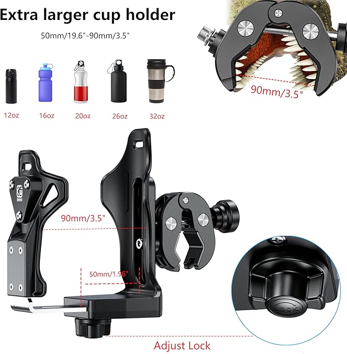 Kewig Anti-Theft Motorcycle Cup Holder, Extra Large Adjustable Size Bike Water Bottle Holder for 1.95 – 3.6" Diameter Bottles, Motorcycle Drink Holder for Stroller, Moto, Bicycle, Scooter, Wheelchair