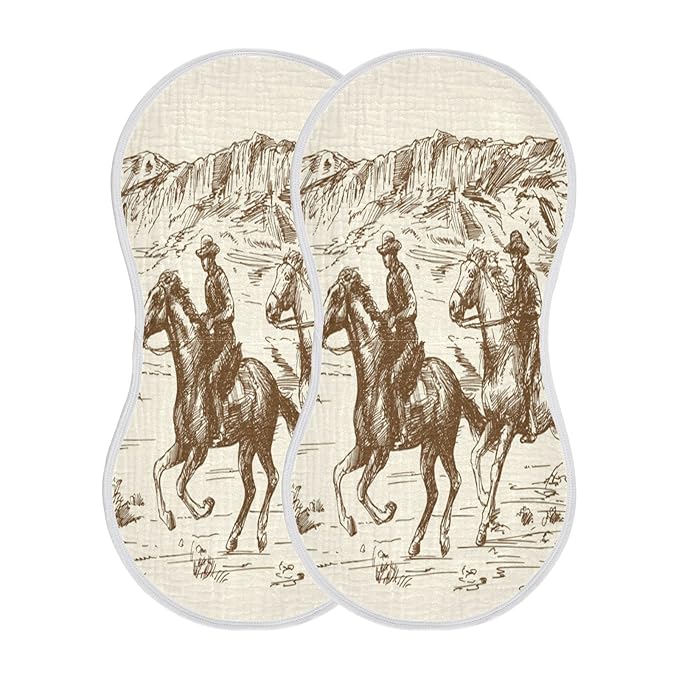 WELLDAY Muslin Baby Burp Cloths Set of 4, Soft Absorbent Western Desert Cowboy Muslin Washcloths, Bibs, Face Towel for Newborn Boys Girls, 22 x 11 Inch