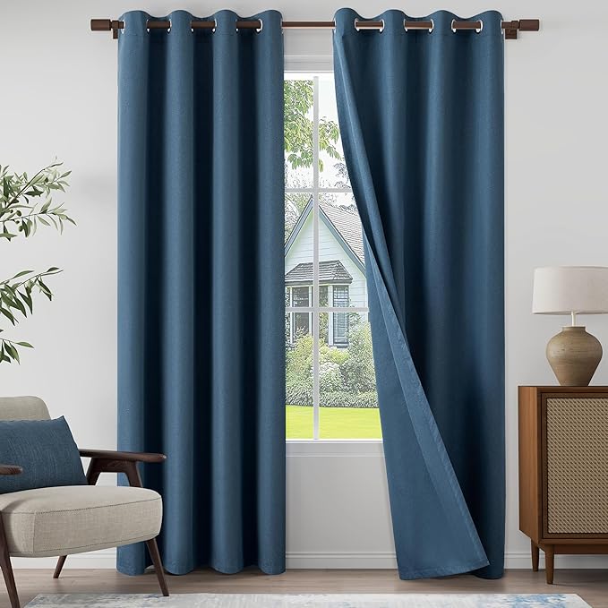 100% Blackout Linen Textured Curtains 95 Inch Length 2 Panels Set for Living room, Bedroom, Light Weight Curtains with Grommets Top, Full Blackout Curtains Privacy Protection, Dark Blue, 52" W x 95" L