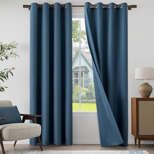 100% Blackout Linen Textured Curtains 84 Inch Length 2 Panels Set for Living room, Bedroom, Light Weight Curtains with Grommets Top, Full Blackout Curtains Privacy Protection, Dark Blue, 52" W x 84" L
