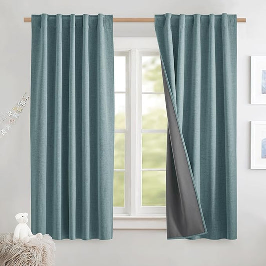 NICETOWN Skylark Blue Thick Linen Blend 100% Blackout Curtains with Grey Liners, Rod Pocket Back Tab Thermal Insulated Flax Textured Full Blackout Window Drapes for Kitchen (2 Panels, 42" W by 63" L)