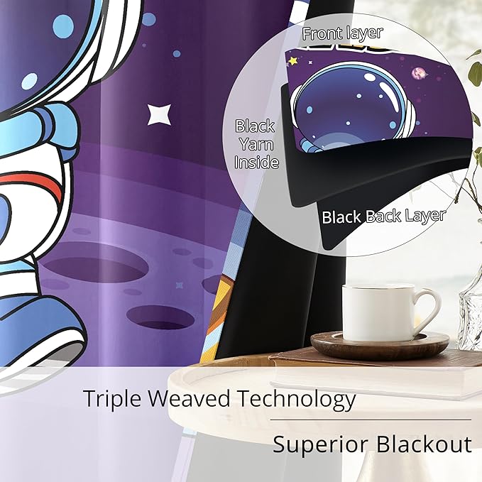 Kids Space Astronaut Blackout Curtains - 100% Blackout, Thermal Insulated, Noise Reducing, Perfect for Kids Room and Nursery, 2 Panels (Space Travel Astronaut, W52×L63)