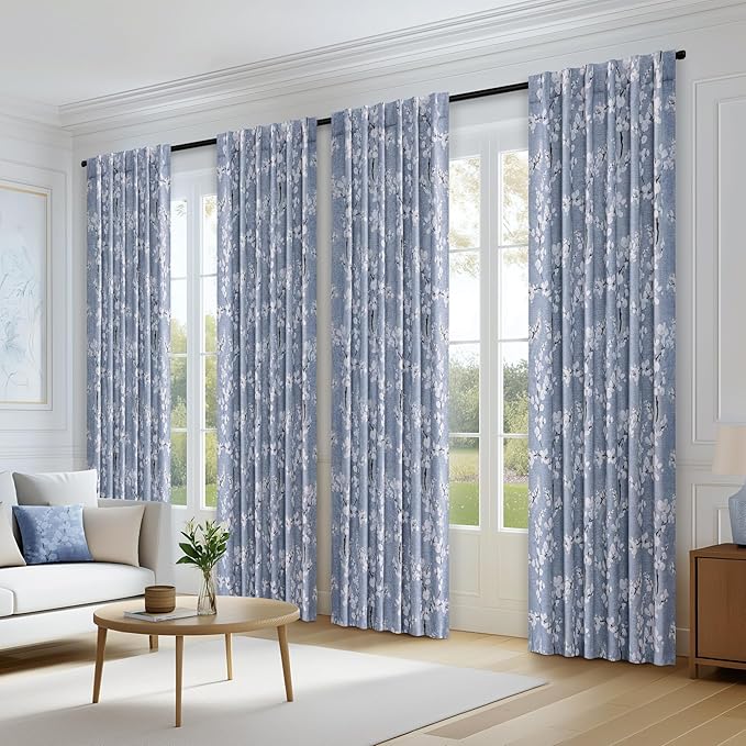 FMFUNCTEX 100% Blackout Floral Curtains for Bedroom, Blue Curtains 96 inch Length Blossom Flower Patterned for Living Room, Thermal Insulated Farmhouse Drapes, Rod Pocket 2 Panels (White on Blue)