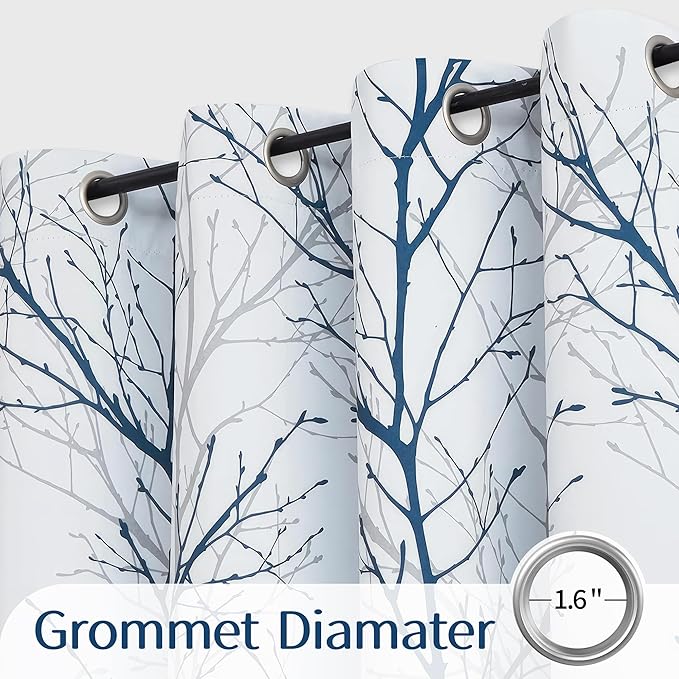 Fmfunctex 100% Blackout Curtains for Bedroom, Blue White Curtains 63 Inch Length for Living Room, Blue Grey Tree Branch Patterned Thermal Insulated Panels, Farmhouse Window Drapes 2 Panels Grommet Top