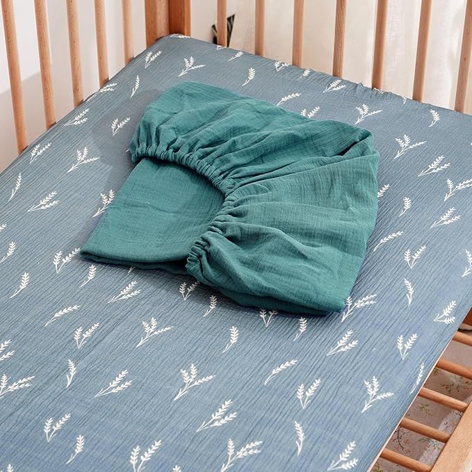 Muslin Crib Sheets–100% Organic Cotton Baby Sheets for Boys & Girls,2 Pack Muslin Mini Crib Sheets for Toddler Mattress,Breathable Crib Mattress Sheets 28''x52''(Grass)