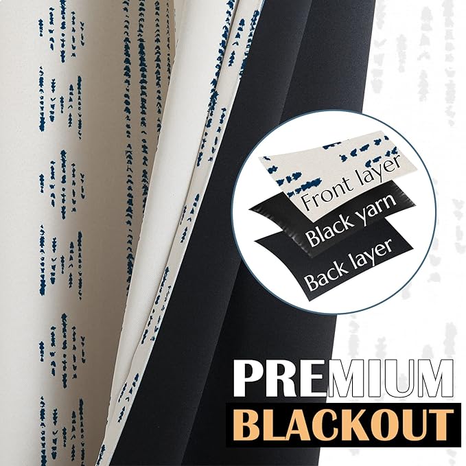 jinchan 95% Blackout Boho Curtains 96 Inch Length for Bedroom Living Room Blue on Beige Geometric Printed Grommet Top Room Darkening Thermal Insulated Window Drapes 2 Panels