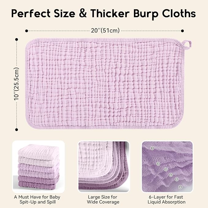 Unnivoll Muslin Burp Cloths for Baby 100% Cotton Burping Cloths for Boys Girls Large 20''X10'' Extra Soft and Absorbent 12 Pack - Gradient Purple