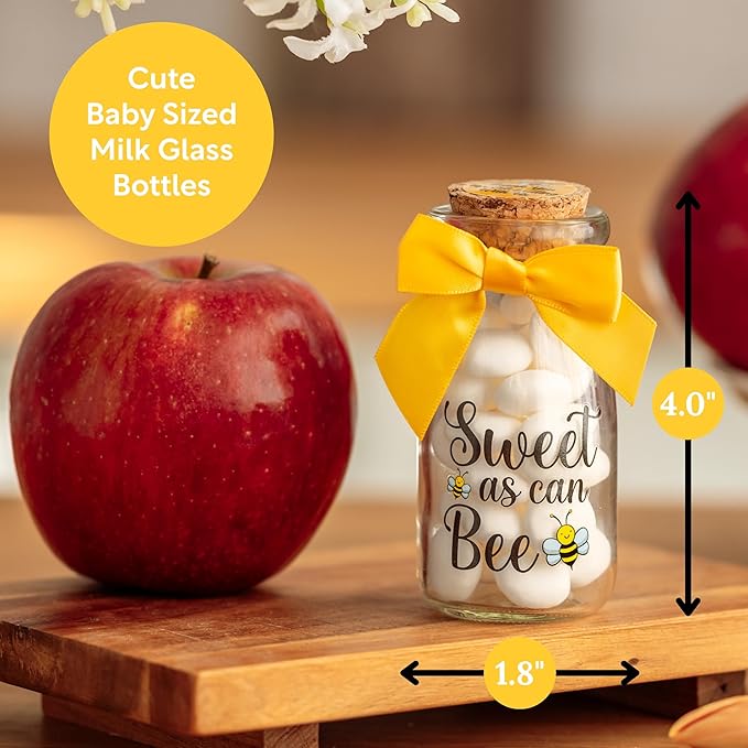 Ethisa Small 12 Pack Bee Party Favor Glass Bottles with Ribbons and Stickers - Baby Shower and Birthday Souvenir for Guests and Table Centerpiece Decoration - Sweet as Can Bee Honey Themed Candy Jar