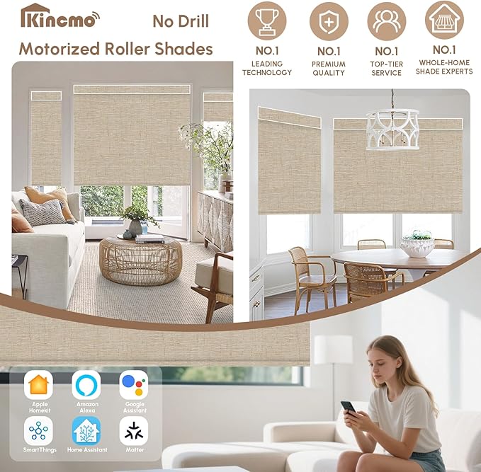 Kincmo No Drill Motorized Blinds with Remote, 100% Blackout Roller Shades for Windows, Custom Electric Blinds Compatible with Alexa, Apple Homekit, Google Home (100% Blackout Linen Caramel)