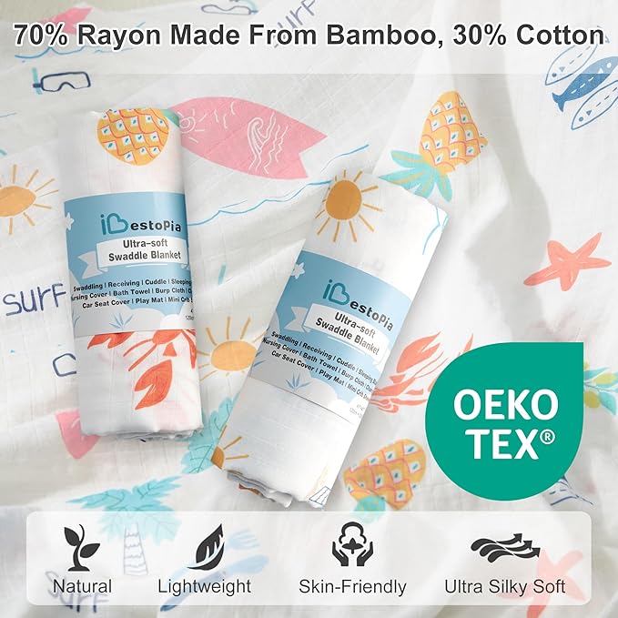 Muslin Swaddle Blankets for Newborn, 2-Pack Breathable Receiving Baby Blanket, Large 47 x 47 Inches Swaddling Wrap for Boys and Girls (Beach Fun)